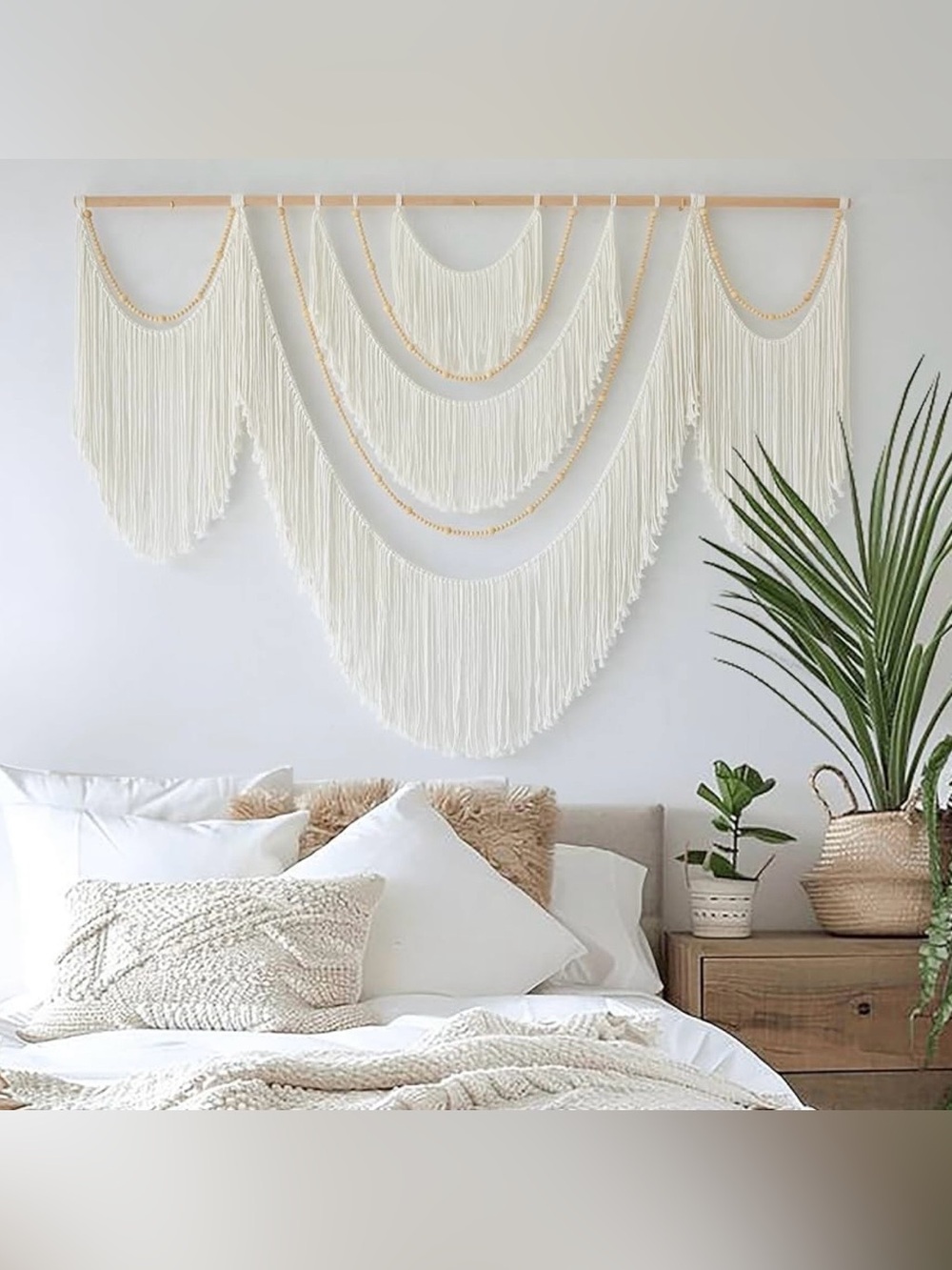 NEW Anthropologie XL Beige Woven Boho Beaded Tapestry Macrame Wall Hanging 57x40 - Picture 4 of 11